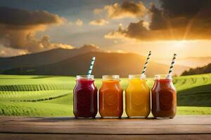 juice in jars on a table with a sunset in the background. AI-Generated photo