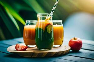 juice in a glass with an apple and a straw. AI-Generated photo