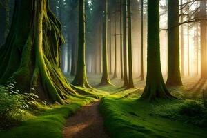 a path through a forest with trees and moss. AI-Generated photo