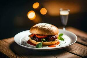 a burger with tomato and cheese on a white plate. AI-Generated photo
