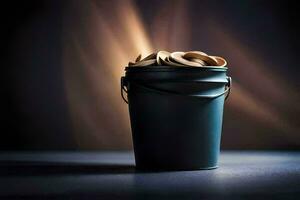 a bucket filled with dough on a dark background. AI-Generated photo