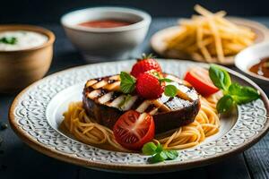 grilled steak with tomato and basil on a plate. AI-Generated photo