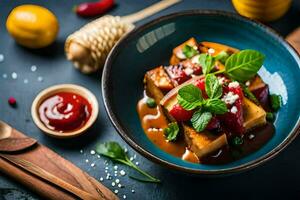 tofu with sauce and vegetables in a blue bowl. AI-Generated photo