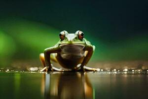 a frog sitting on the ground with water droplets. AI-Generated photo