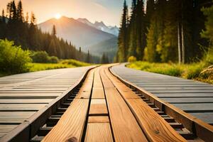 un de madera ferrocarril pista en el montañas. generado por ai foto