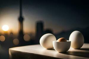 eggs in a bowl with cityscape in the background. AI-Generated photo