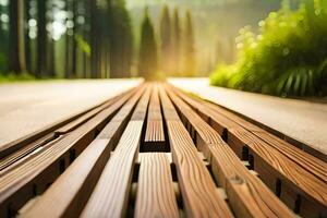 a long wooden bench in the middle of a forest. AI-Generated photo