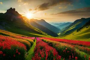 el Dom sube terminado un campo de rojo flores en el montañas. generado por ai foto