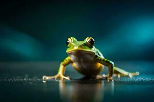 un rana sentado en un oscuro superficie. generado por ai foto