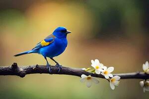 un azul pájaro se sienta en un rama con blanco flores generado por ai foto