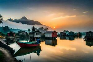 a boat sits on the water near a small village. AI-Generated photo