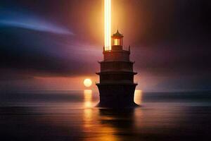 a lighthouse in the middle of the ocean. AI-Generated photo