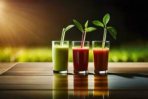 three glasses of juice with leaves on the table. AI-Generated photo