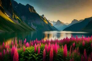 el lago es rodeado por rosado flores y montañas. generado por ai foto