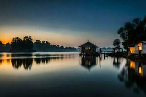 a lake with houses on the shore at sunset. AI-Generated photo