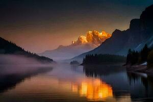 a mountain range is reflected in the water at sunrise. AI-Generated photo