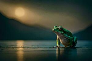 a frog sitting on the ground in front of a full moon. AI-Generated photo