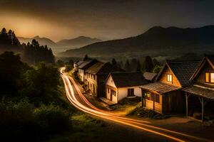 a long exposure photo of a village at sunset. AI-Generated