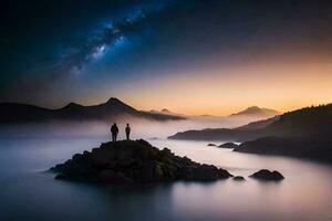 two people stand on a rock overlooking the ocean at night. AI-Generated photo