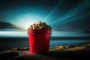 a bucket of peanuts on the beach. AI-Generated photo