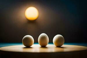 three eggs on a table in front of a light. AI-Generated photo