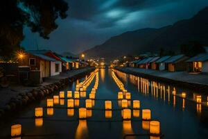 the waterway is lined with lanterns at night. AI-Generated photo