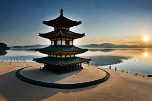 a pagoda stands in the middle of a lake at sunrise. AI-Generated photo