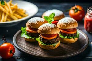 small burgers on a plate with fries and tomatoes. AI-Generated photo
