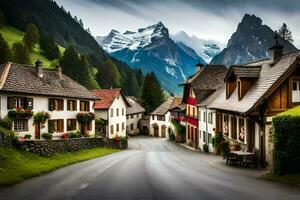 a street in the alps with mountains in the background. AI-Generated photo