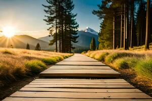 a wooden path leads to a mountain at sunset. AI-Generated photo