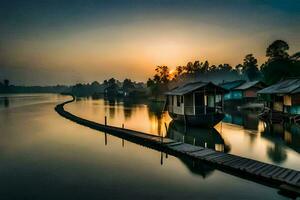 a boat dock at sunset with houses on the water. AI-Generated photo