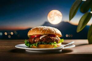 a hamburger on a plate with a full moon in the background. AI-Generated photo