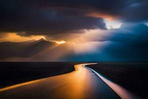 the sun shines through clouds over a river. AI-Generated photo