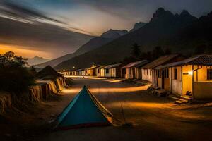 a tent is lit up at dusk in front of a mountain village. AI-Generated photo