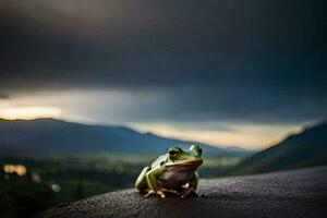 un rana sentado en un rock en frente de un Tormentoso cielo. generado por ai foto