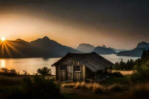 a cabin sits on the edge of a lake at sunset. AI-Generated photo