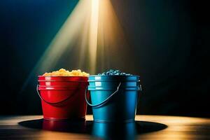 two buckets of popcorn on a table. AI-Generated photo