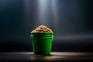a bucket filled with beans on a dark table. AI-Generated photo