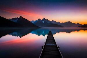 a pier in the middle of a lake with mountains in the background. AI-Generated photo