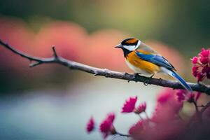 a colorful bird sits on a branch with pink flowers. AI-Generated photo