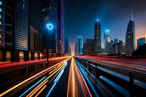 a city street at night with light trails. AI-Generated photo