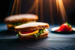 a sandwich with an egg, tomato and cheese on a dark background. AI-Generated photo