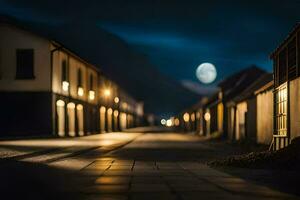 a street at night with a full moon in the sky. AI-Generated photo