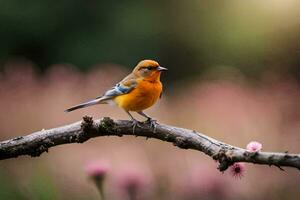 a small orange bird sits on a branch in front of pink flowers. AI-Generated photo