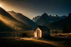 the sun shines on a small hut in the mountains. AI-Generated photo