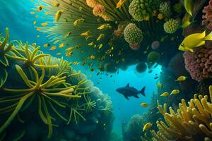 a fish swims through a coral reef with many different types of fish. AI-Generated photo