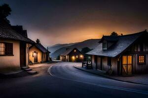 a village street at dusk with houses and mountains in the background. AI-Generated photo