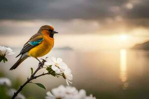 a bird sits on a flower branch in front of the ocean. AI-Generated photo