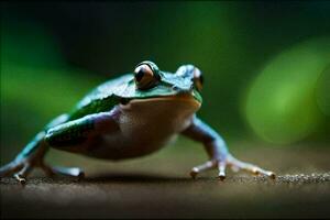 a frog is sitting on the ground with its eyes open. AI-Generated photo