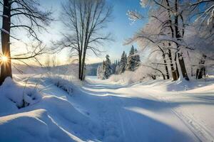 a snowy road with trees and sun. AI-Generated photo